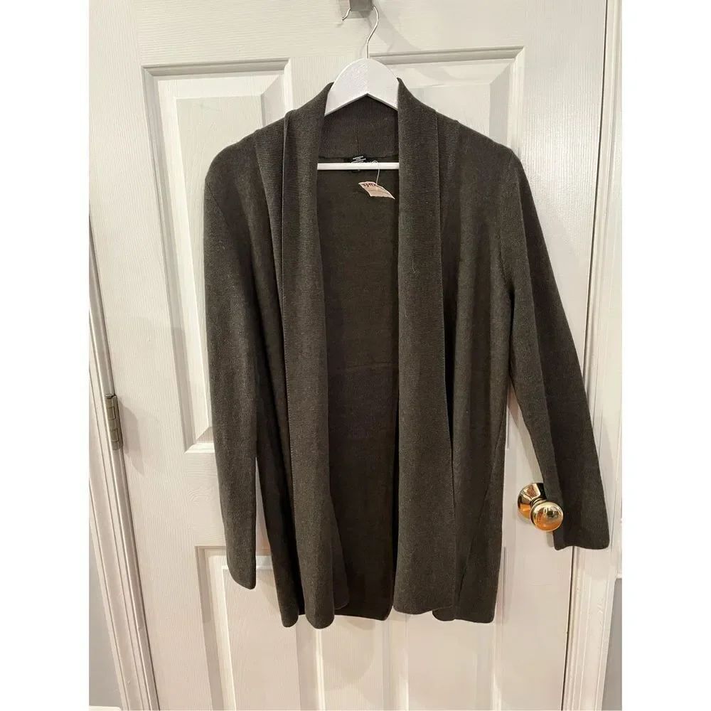 Adrienne Vittadini 100% Fine Merino Wool Olive Split Back Open Front Cardigan Sw